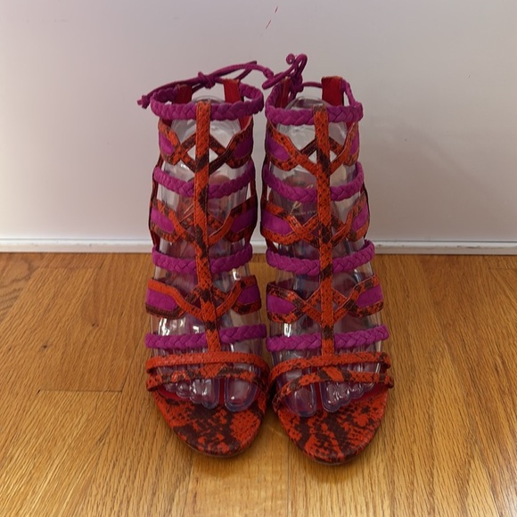 BRIAN ATWOOD Felisa Sandals Strappy Braided Leather Orange Pink Size 7.5 Animal - Picture 13 of 14